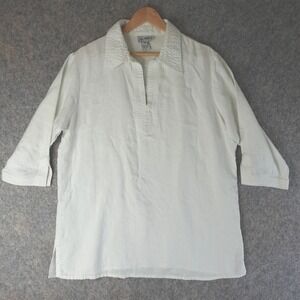 Vintage 90s Top Womens M White 100% Linen Tunic Beachy Coastal Minimalist Lagen